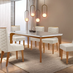 Mesa de Jantar Londrina 180cm Canto Copo c/ 6 Cadeiras Dafne Bege – Vidro Off White/ Imbuia