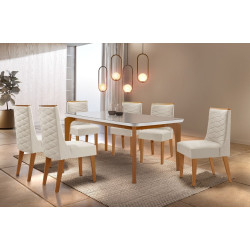 Mesa de Jantar Londrina 180cm Canto Copo c/ 6 Cadeiras Dafne Bege – Vidro Off White/ Imbuia Mesa de Jantar Londrina 180cm Canto Copo c/ 6 Cadeiras Dafne Bege – Vidro Off White/ Imbuia