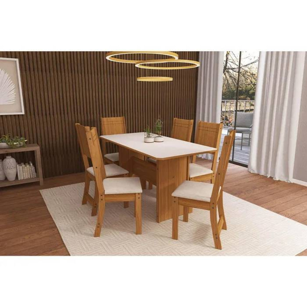 Conjunto Mesa de Jantar Evora 1,50cm c/ 6  Cadeiras Linho Bege - Freijó/Off white