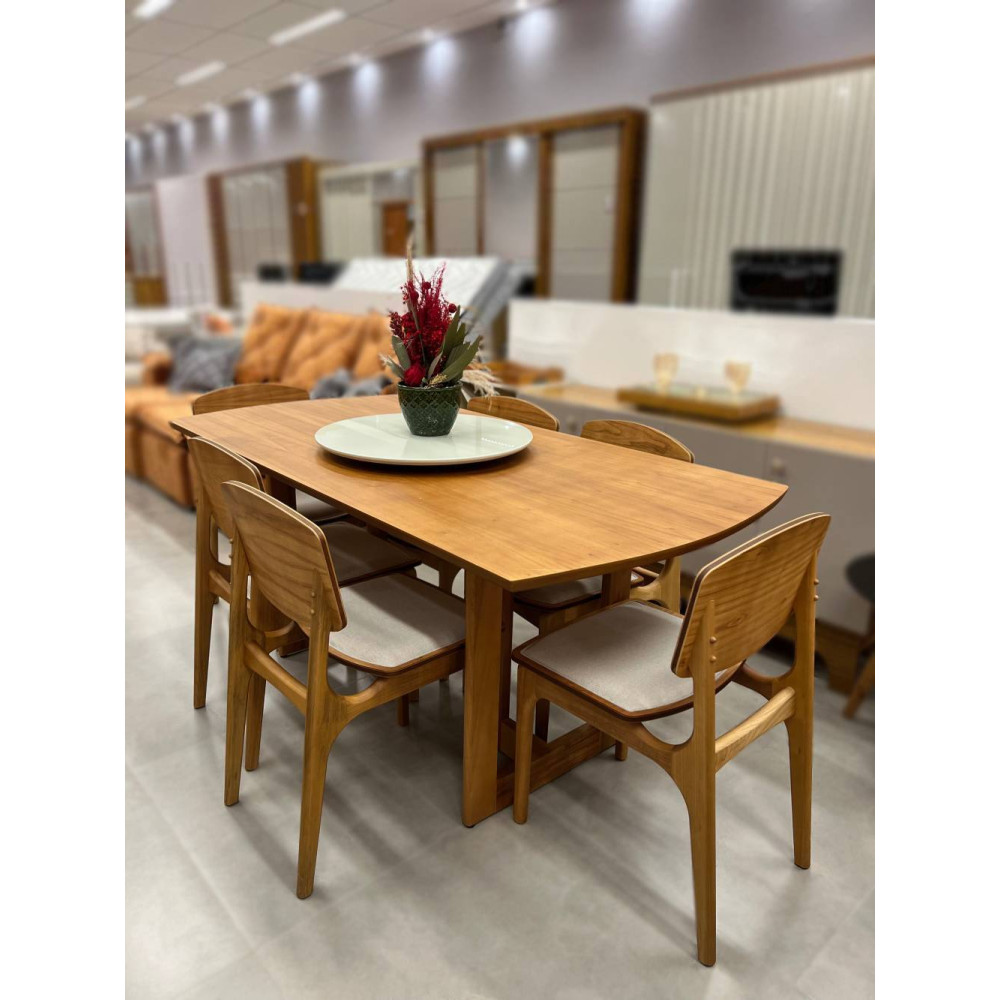 Mesa de Jantar Tália 180 cm Tampo Madeira Laminado com 6 cadeiras Turquia Gold - Linho Bege