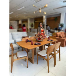 Mesa de Jantar Tália 180 cm Tampo Madeira Laminado com 6 cadeiras Turquia Gold - Linho Bege