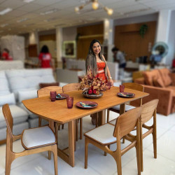 Mesa de Jantar Tália 180 cm Tampo Madeira Laminado com 6 cadeiras Turquia Gold - Linho Bege