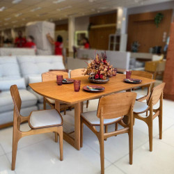 Mesa de Jantar Tália 180 cm Tampo Madeira Laminado com 6 cadeiras Turquia Gold - Linho Bege