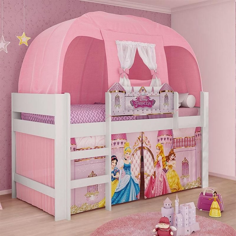 Cama Infantil Princesas Disney Play com Dossel - Branco / Rosa