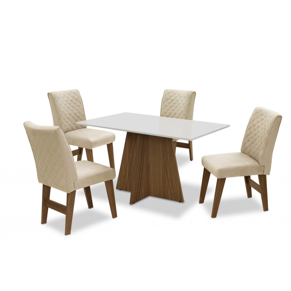 Conjunto de Mesa de Jantar Dublin c/ 4 Cadeiras Athenas Cedro com Bege – Dobue Movelária – 135×90 Cedro c/ Off White