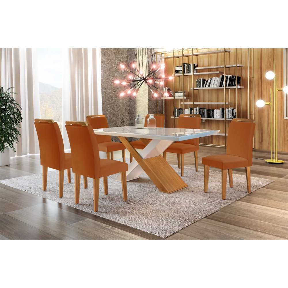 Mesa de Jantar Imperatriz – 6 Cadeiras Athenas Cobre Tampo Off White – Rufato – 180×90