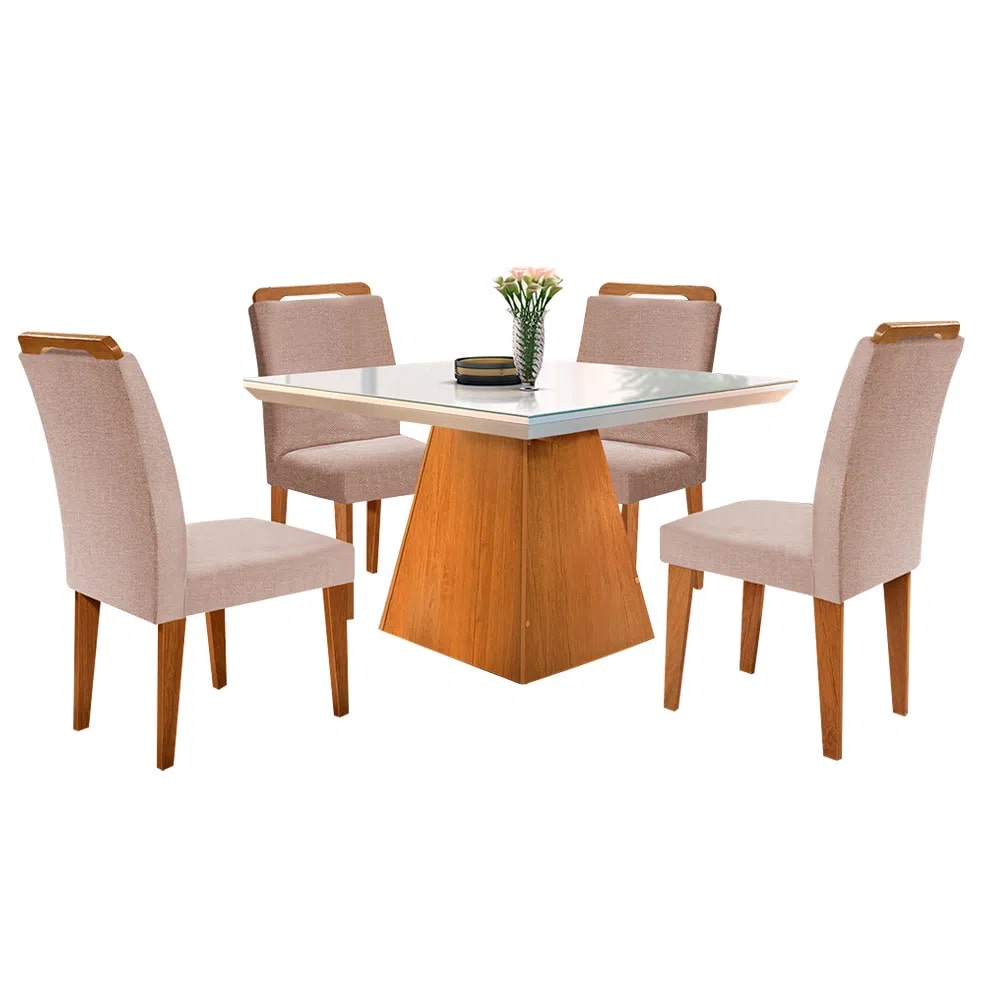 Mesa de Jantar Heloísa com Tampo Off White Canto Reto e 4 Cadeiras Athenas – Imbuia com Assento Bege – 90X90