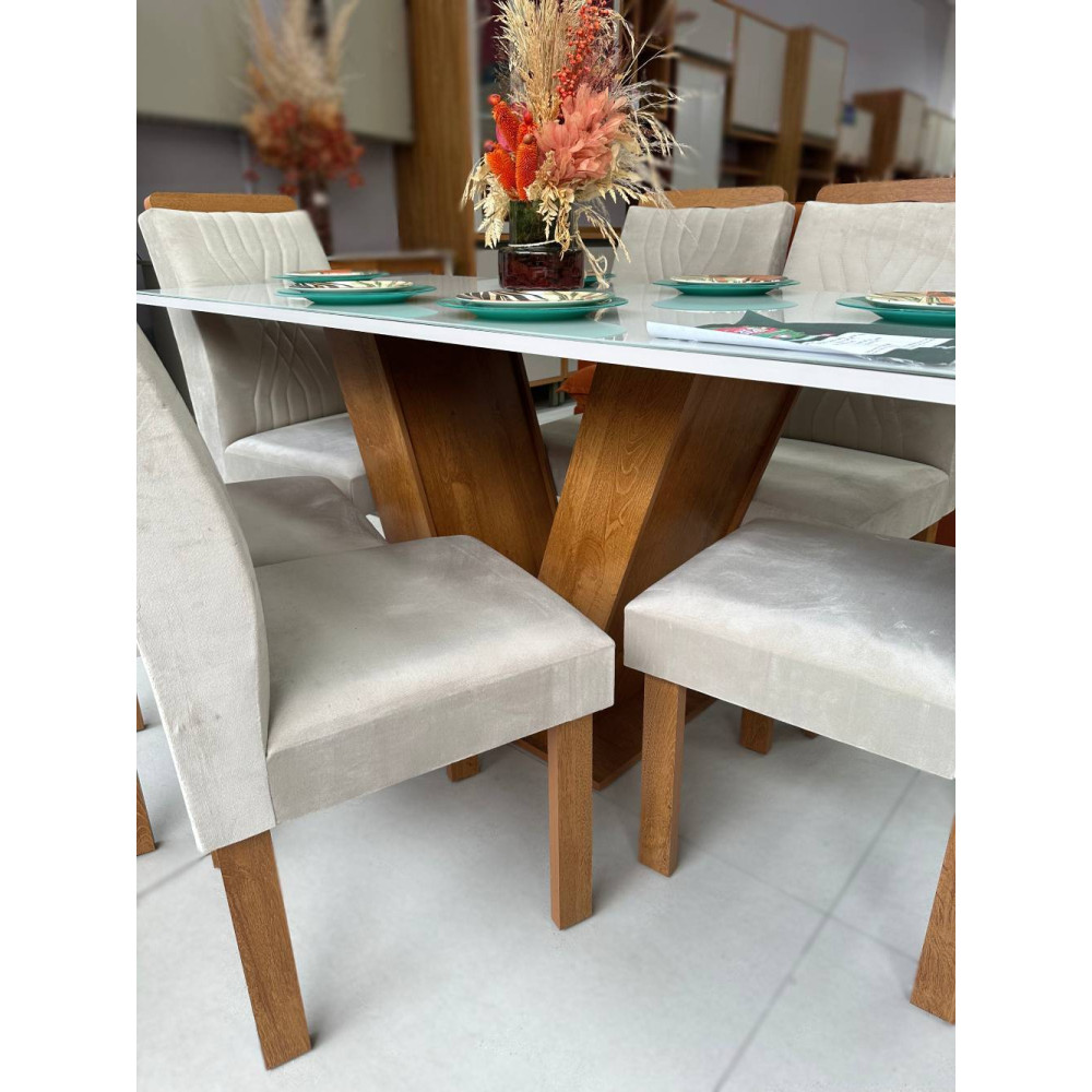 Mesa de Jantar Classic 160×80 com 6 Cadeiras Lisboa Bege - Cinamomo / Off White