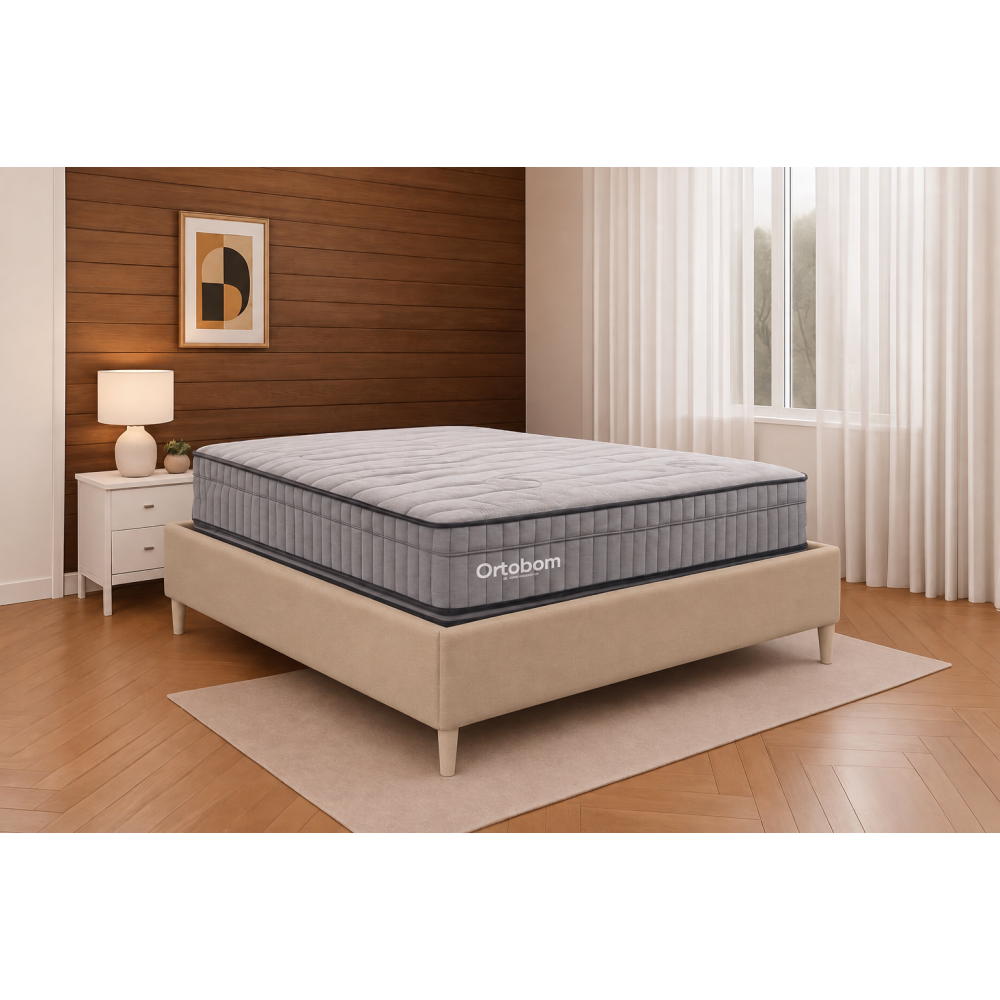 Colchão Ortobom Exclusive Sleep Casal Molas Ensacadas 138x188x32cm + Base Cama Box Casal Courino - Bege