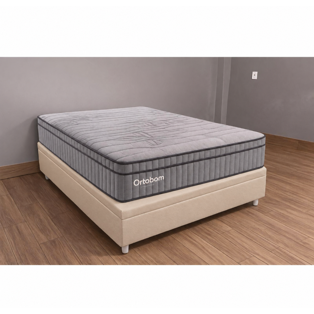 Colchão Ortobom Exclusive Sleep Casal Molas Ensacadas 138x188x32cm + Base Baú Carioca Casal Courino - Bege