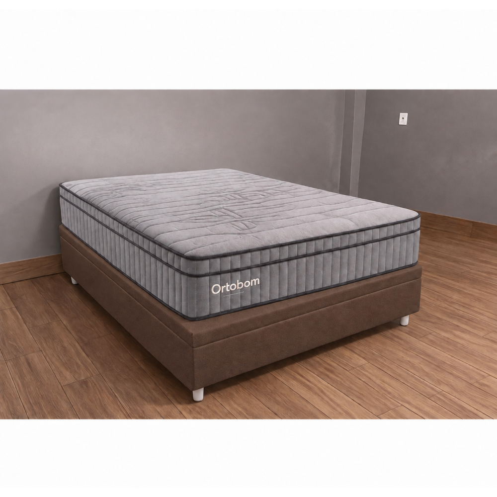 Colchão Ortobom Exclusive Sleep Casal Molas Ensacadas 138x188x32cm + Base Baú Carioca Casal Courino - Marrom