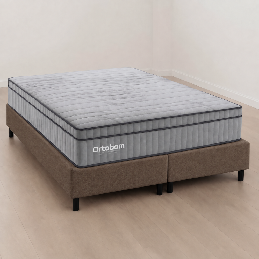 Colchão Ortobom Exclusive Sleep Queen Molas Ensacadas 1,58x1,98x0,32cm + Base Box Queen Bipartido 79x198 Courino - Marrom