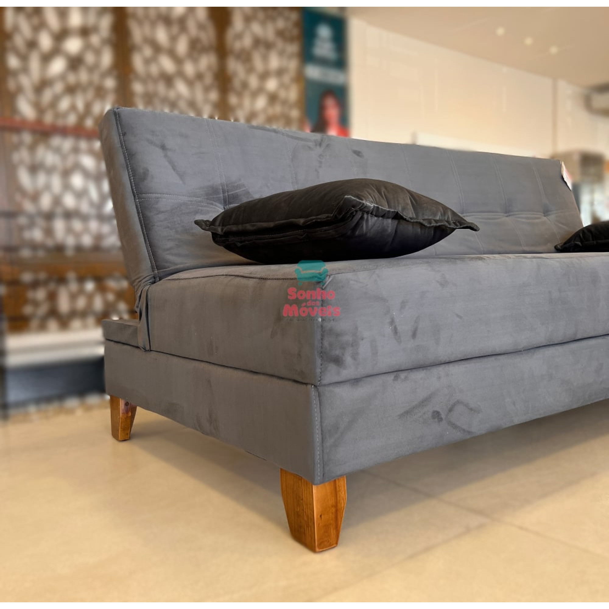 Sofá Cama 3 Lugares Arpoador Innove Estofados Veludo Cinza