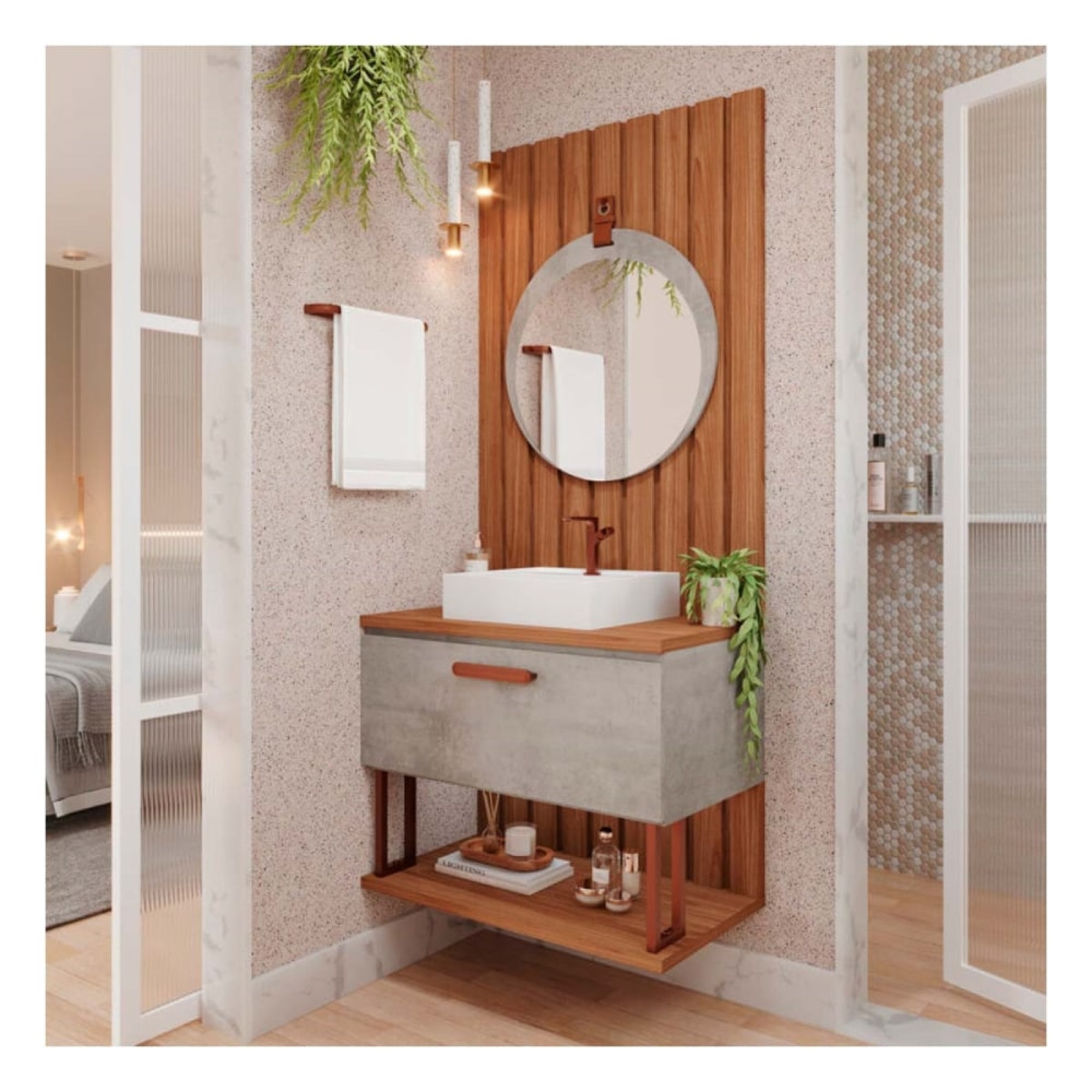 Armário de Banheiro Duna c/ Cuba+ Painel Ripado + Espelheira Lua ...