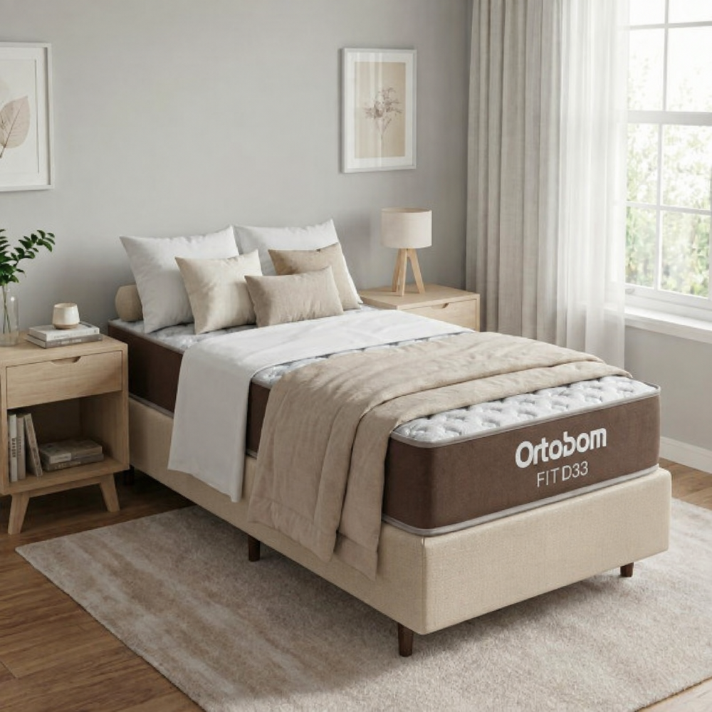 Colchão Solteiro Ortobom Fit D33 -1,88x88x12 + Base Solteiro (88x188x23) Courino - Bege