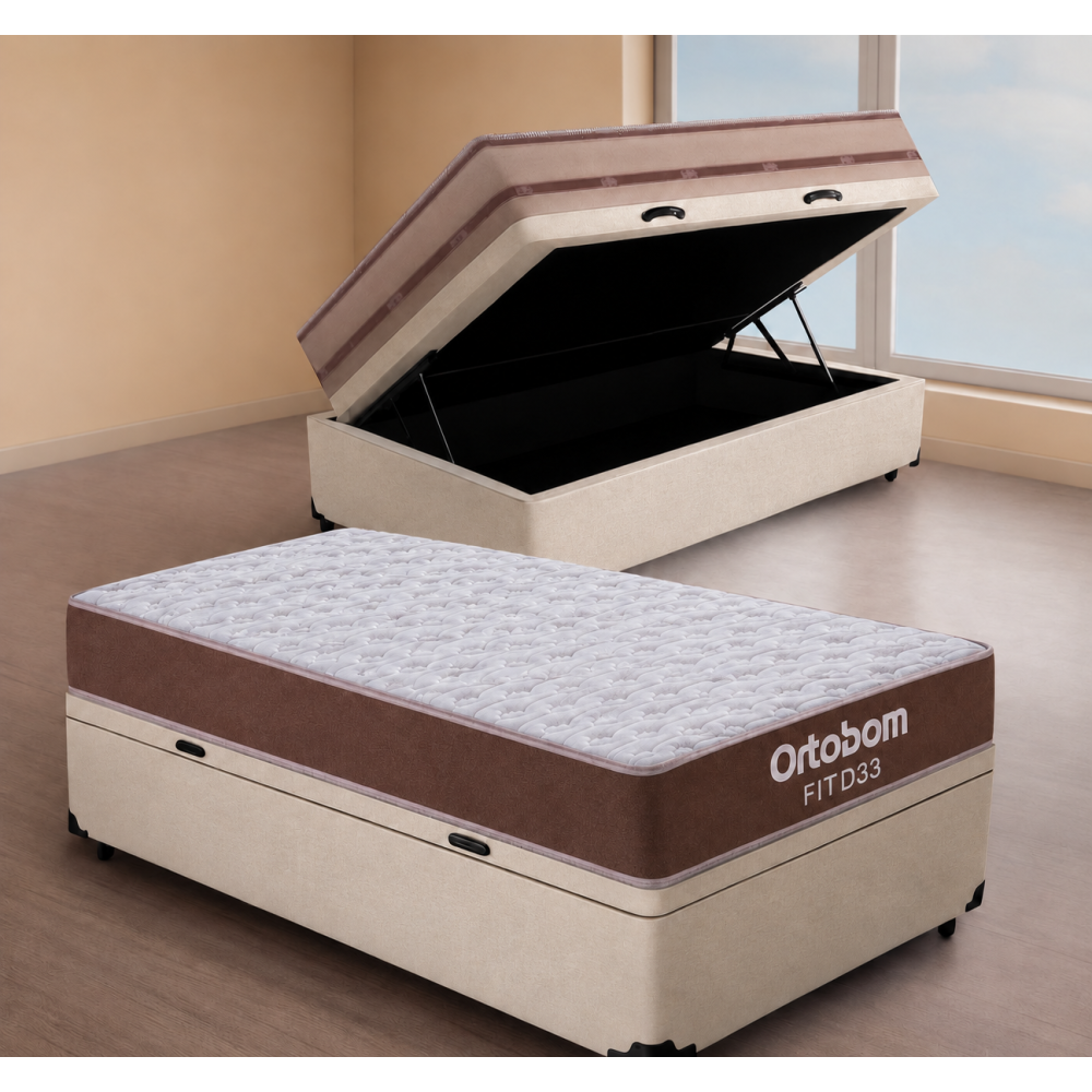 Colchão Solteiro Ortobom Fit D33 -1,88x88x12 + Base Baú Courino Solteiro - Bege