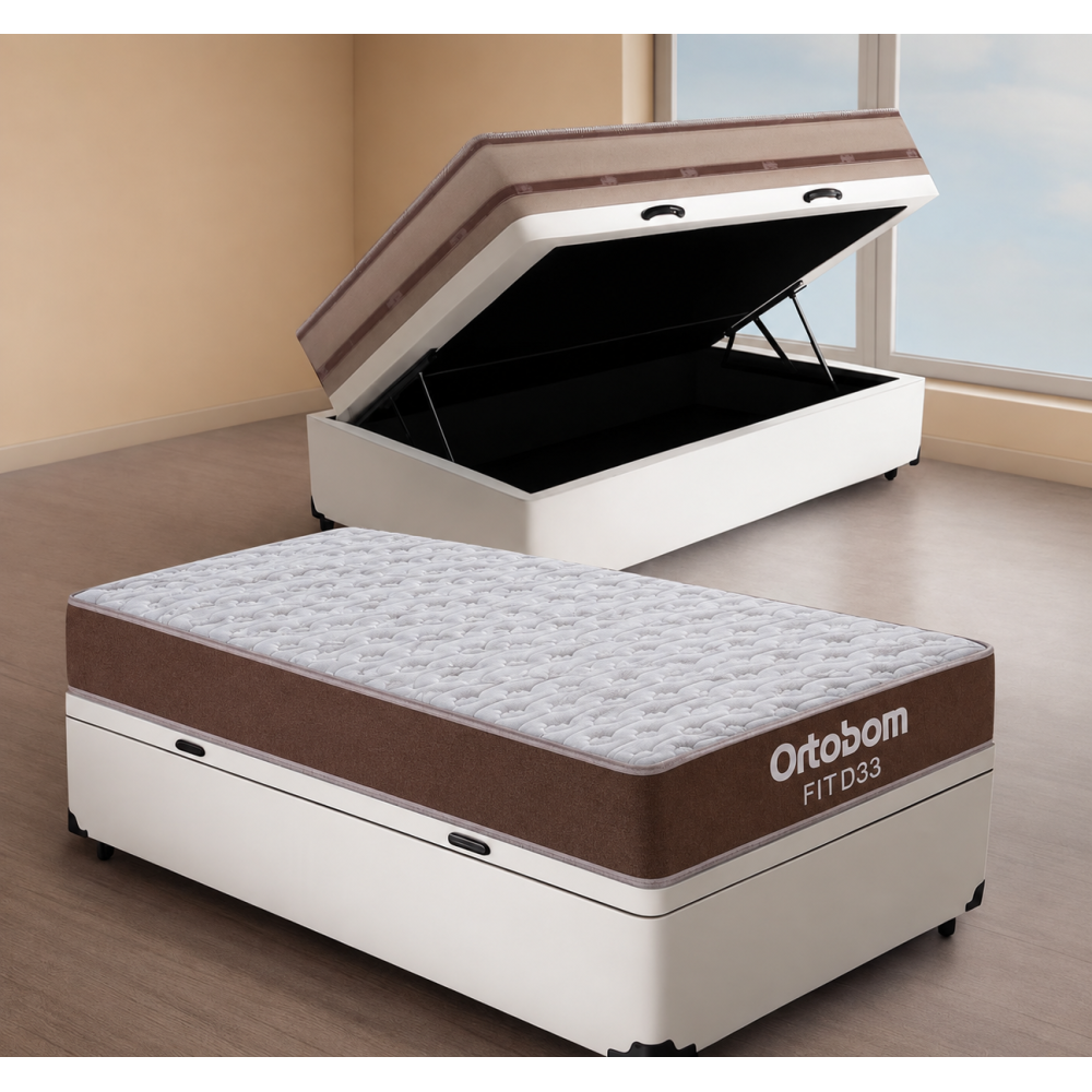Colchão Solteiro Ortobom Fit D33 -1,88x88x12 + Base Baú Courino Solteiro - Branco
