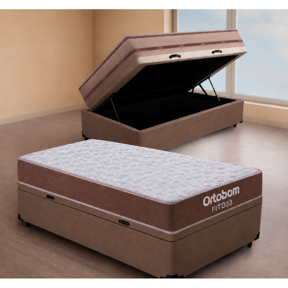 Colchão Solteiro Ortobom Fit D33 -1,88x88x12 + Base Baú Courino Solteiro - Marrom