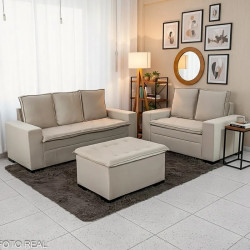 Conjunto de Sofá França 2 e 3 Lugares com Puff – Tecido Veludo – Bege 