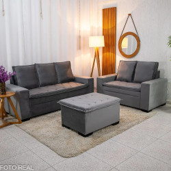 Conjunto de Sofá França 2 e 3 Lugares com Puff – Tecido Veludo – Cinza 