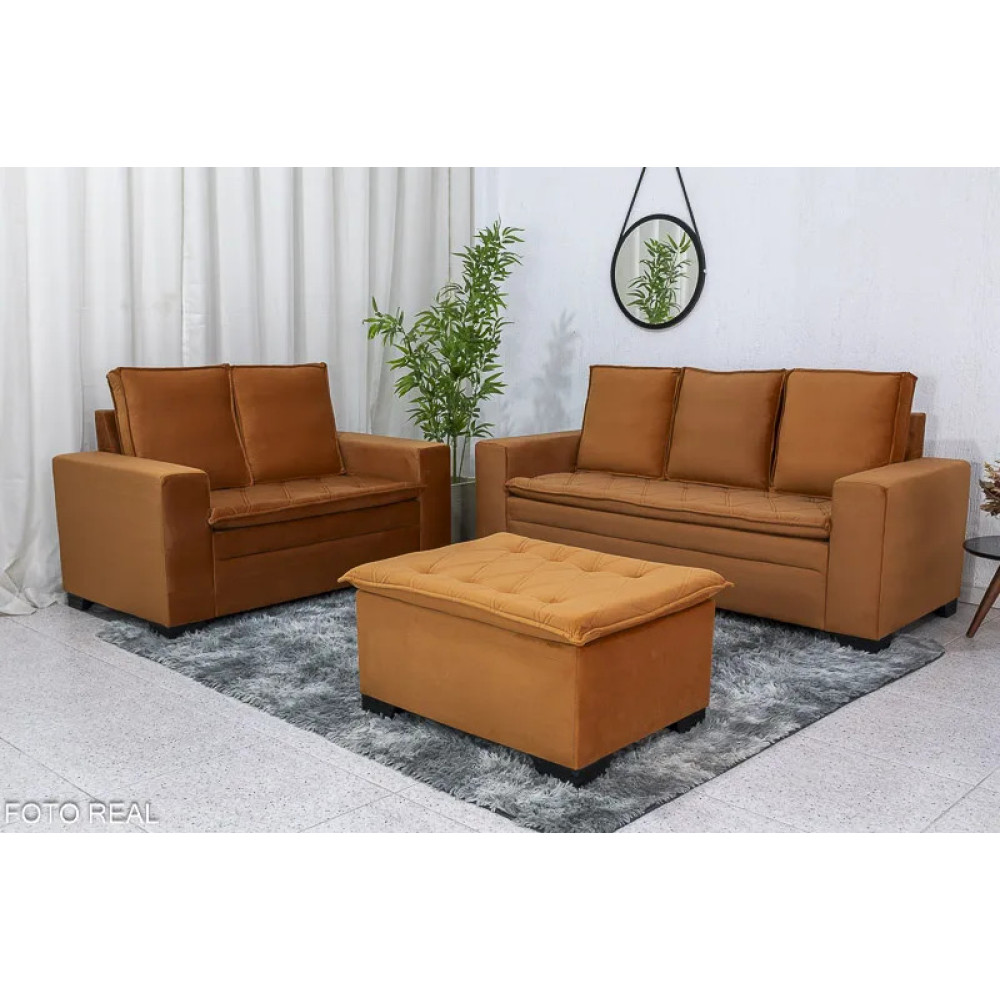 Conjunto de Sofá França 2 e 3 Lugares com Puff – Tecido Veludo – Terracota