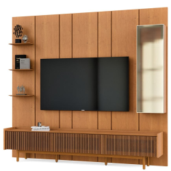 Painel Glass 2.2 C/ Cristaleira e 3 Prateleiras + Rack Dune Ripado 2.2 - Nature