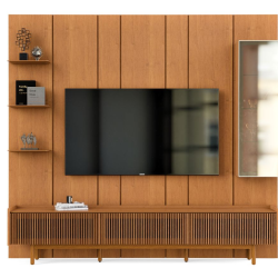 Painel Glass 2.2 C/ Cristaleira e 3 Prateleiras + Rack Dune Ripado 2.2 - Nature