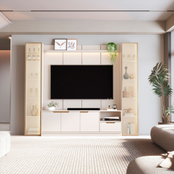 Painel Liso Slim 2.3 Copacabana C/ 2 Cristaleiras 2.2 + Bancada Modular 2.3 Tucumã Copacabana - Off White