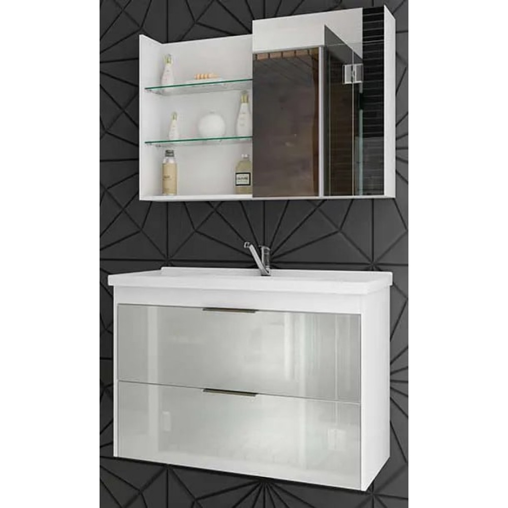 Armário de Banheiro Lavanda Frente c/ Vidro + Espelheira Jasmim - Branco 79cm