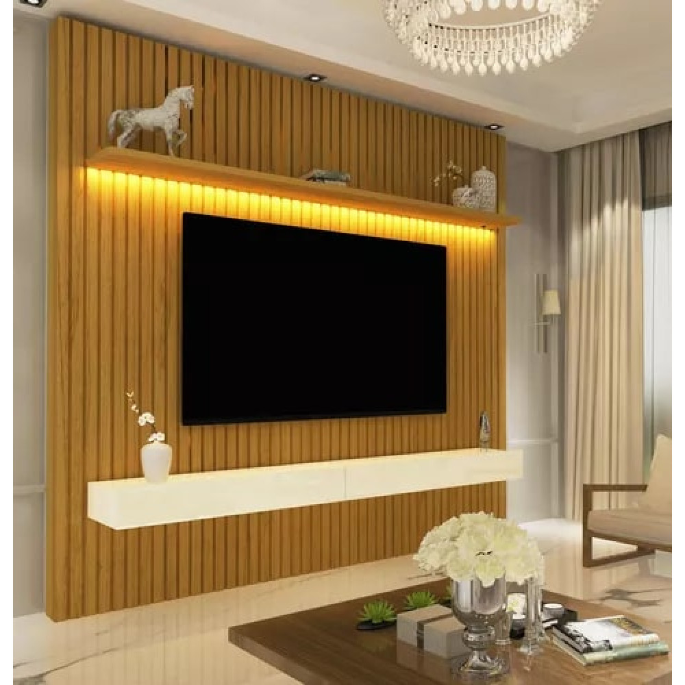 Painel Home Nobre  Ripado 184 cm c/ Led para Tv 65 " - Naturale/Off White