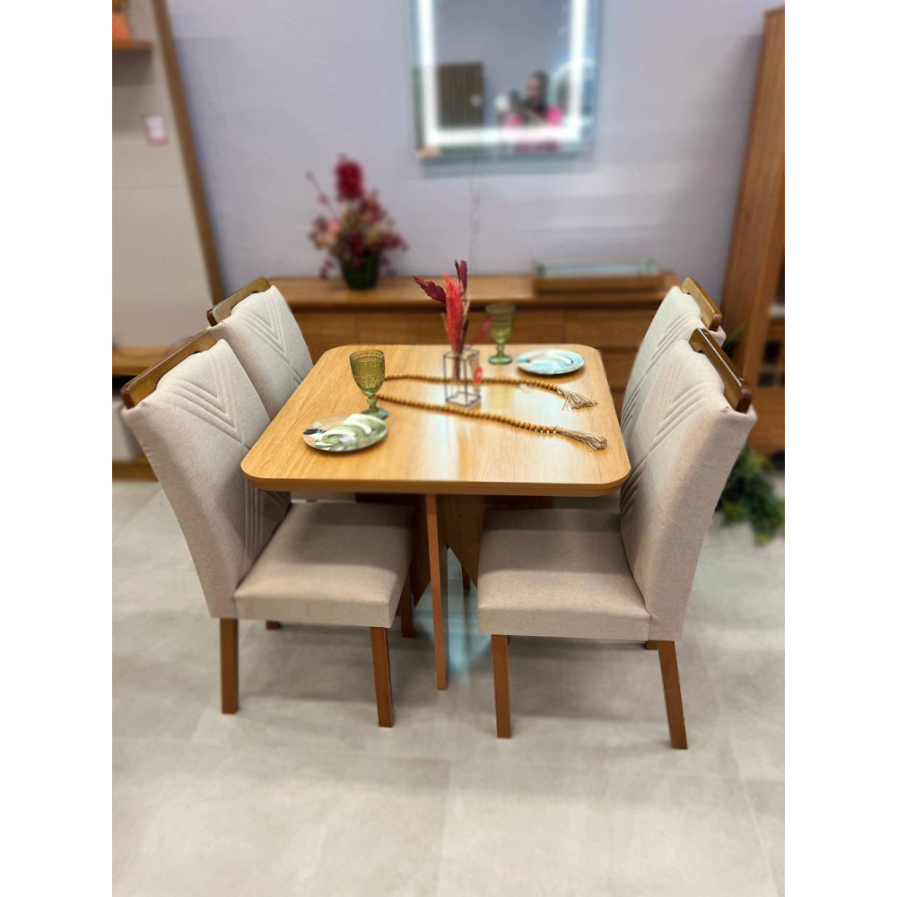 Mesa de Jantar Nevada 90x90cm Tampo Laminado com 4 cadeiras  Amesderdã - Linho Bege