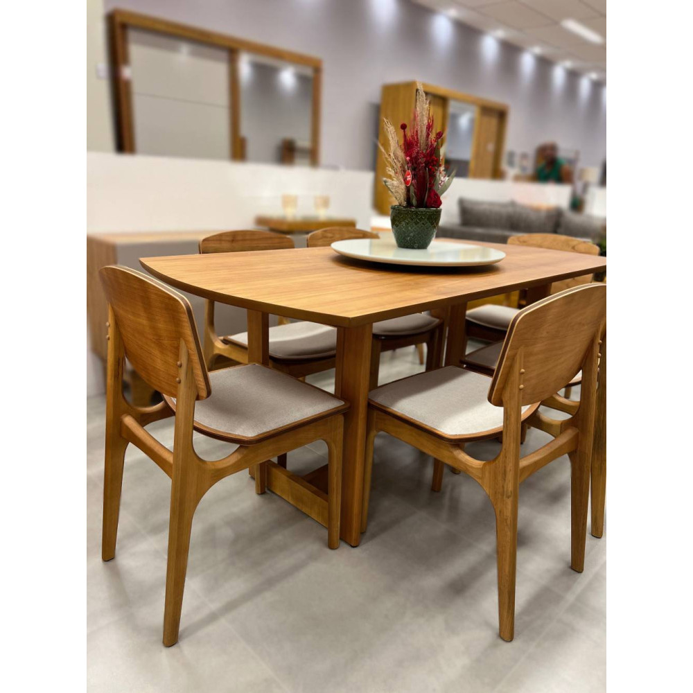 Mesa de Jantar Tália 180 cm Tampo Madeira Laminado com 6 cadeiras Turquia Gold - Linho Bege