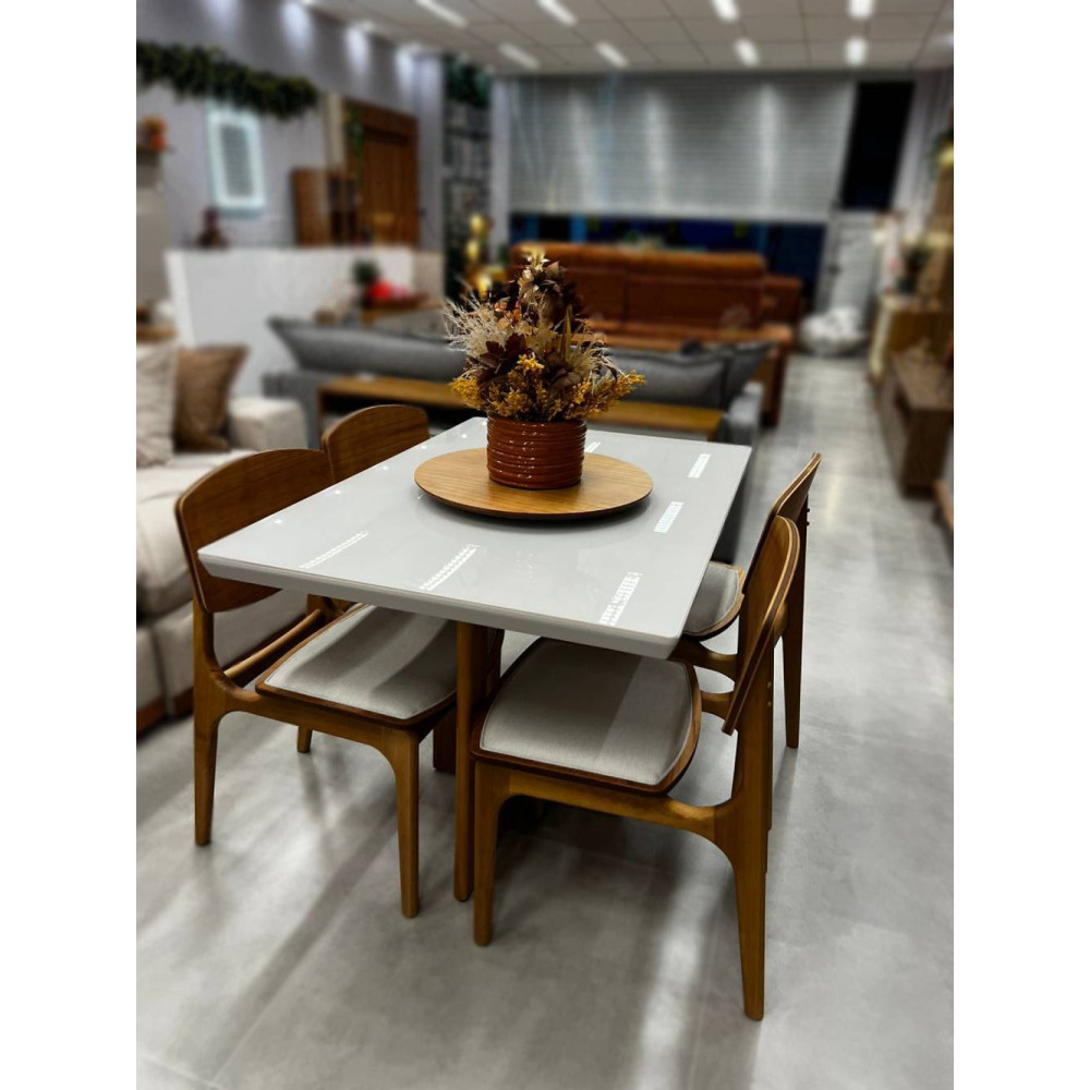 Mesa de Jantar Tália 120cm Tampo vidro Off White com 4 cadeiras Turquia Gold - Linho Bege