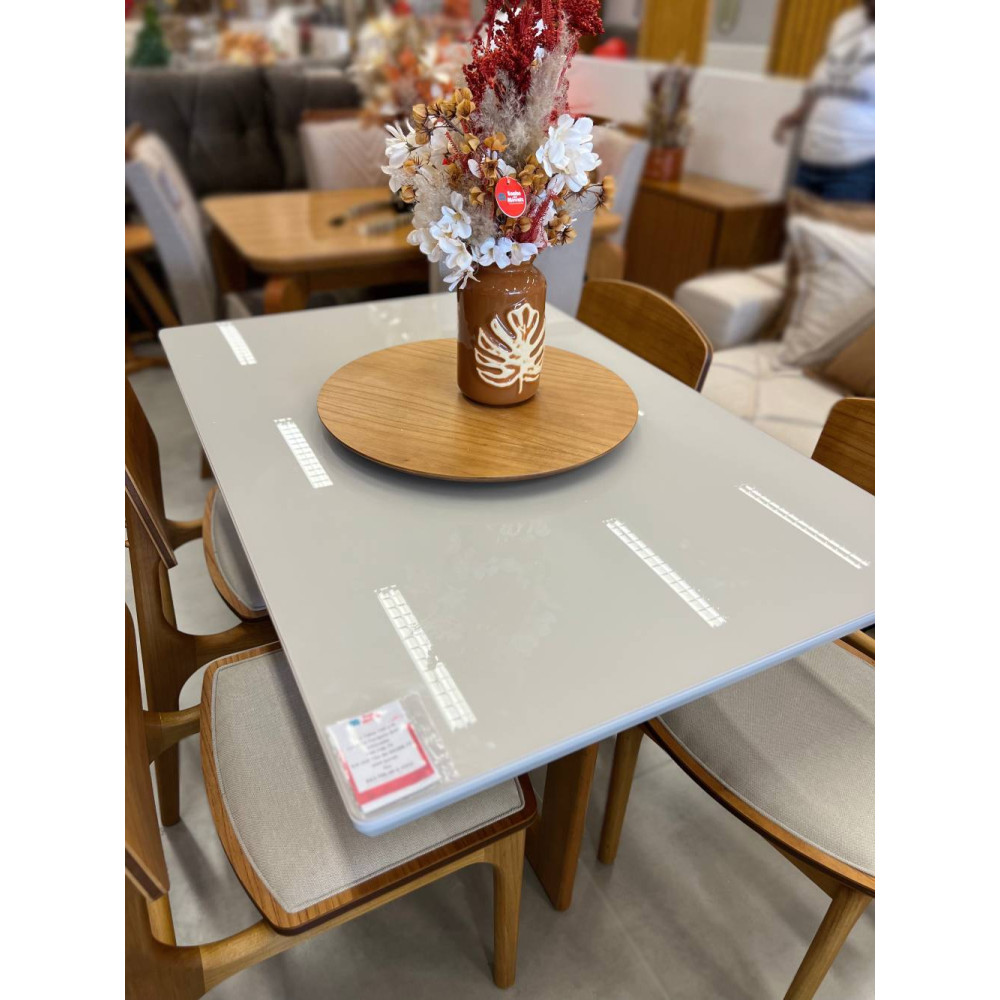 Mesa de Jantar Tália 120cm Tampo vidro Off White com 4 cadeiras Turquia Gold - Linho Bege