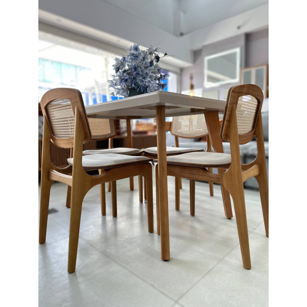 Mesa de Jantar Turquia 1.20cm Tampo vidro Off White com 4 cadeiras Turquia Premium tela madeira - Linho Bege