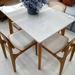 Mesa de Jantar Turquia 1.20cm Tampo vidro Off White com 4 cadeiras Turquia Premium tela madeira - Linho Bege Mesa de Jantar Turquia 1.20cm Tampo vidro Off White com 4 cadeiras Turquia Premium tela madeira - Linho Bege