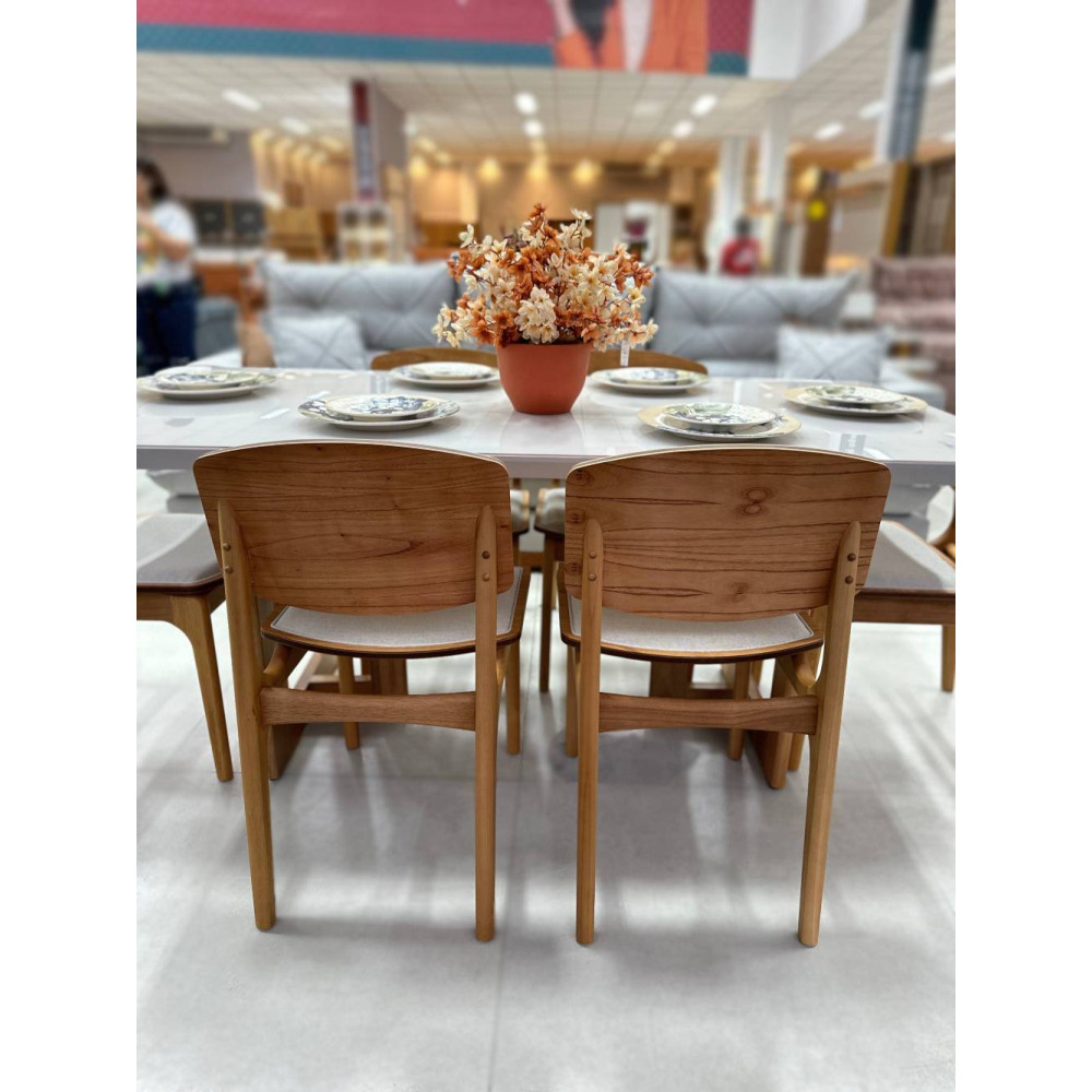 Mesa de Jantar Tália 180 cm Tampo vidro Off White com 6 cadeiras Turquia Gold - Linho Bege