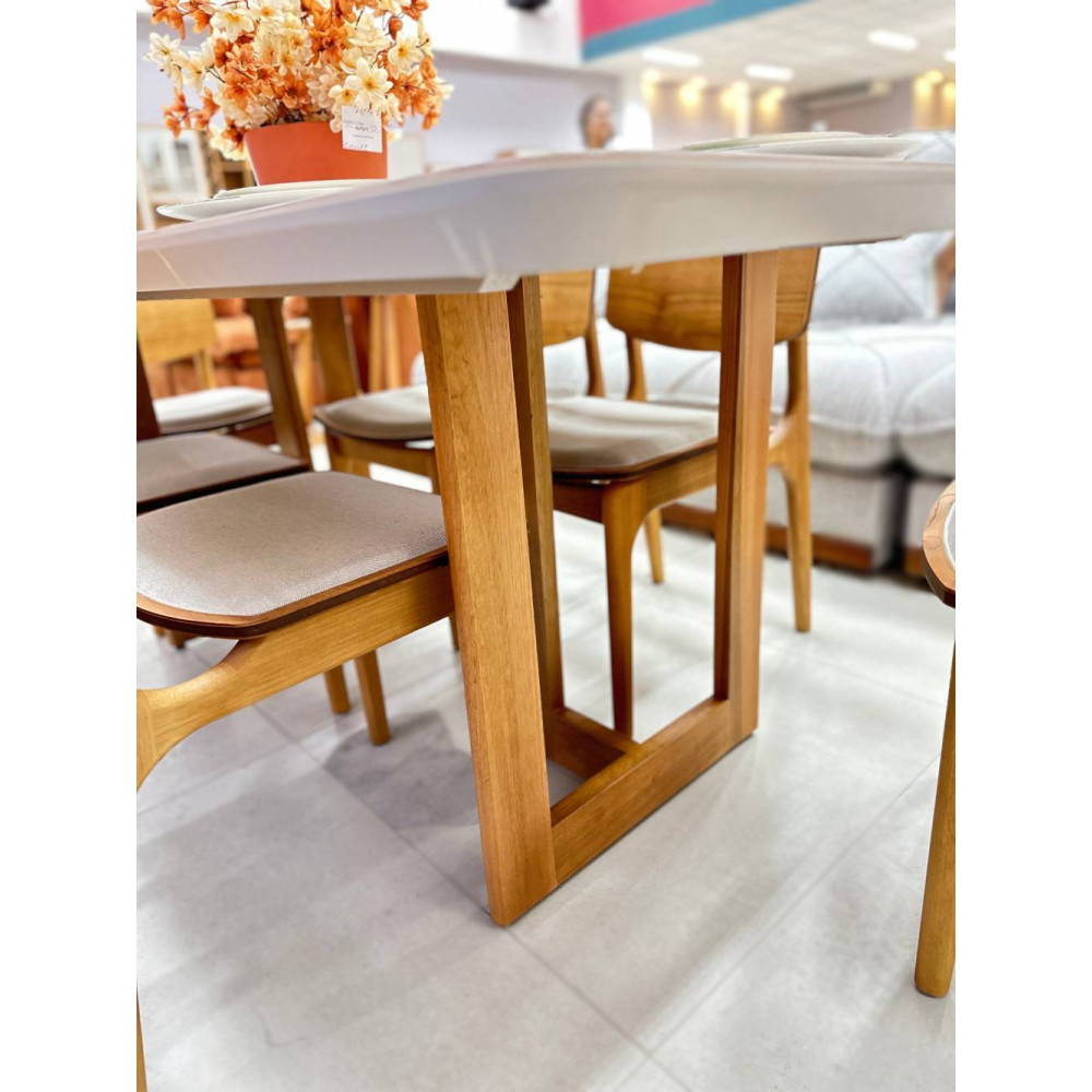 Mesa de Jantar Tália 180 cm Tampo vidro Off White com 6 cadeiras Turquia Gold - Linho Bege