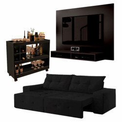 Kit - Sofá Espanha Retrátil Reclinável 1,50m - Preto + Painel Fox para TV até 46 – EDN Móveis - Preto + Aparador Adega JB 4050 - Jb Bechara - Preto / Freijó Kit - Sofá Espanha Retrátil Reclinável 1,50m - Preto + Painel Fox para TV até 46 – EDN Móveis - Preto + Aparador Adega JB 4050 - Jb Bechara - Preto / Freijó