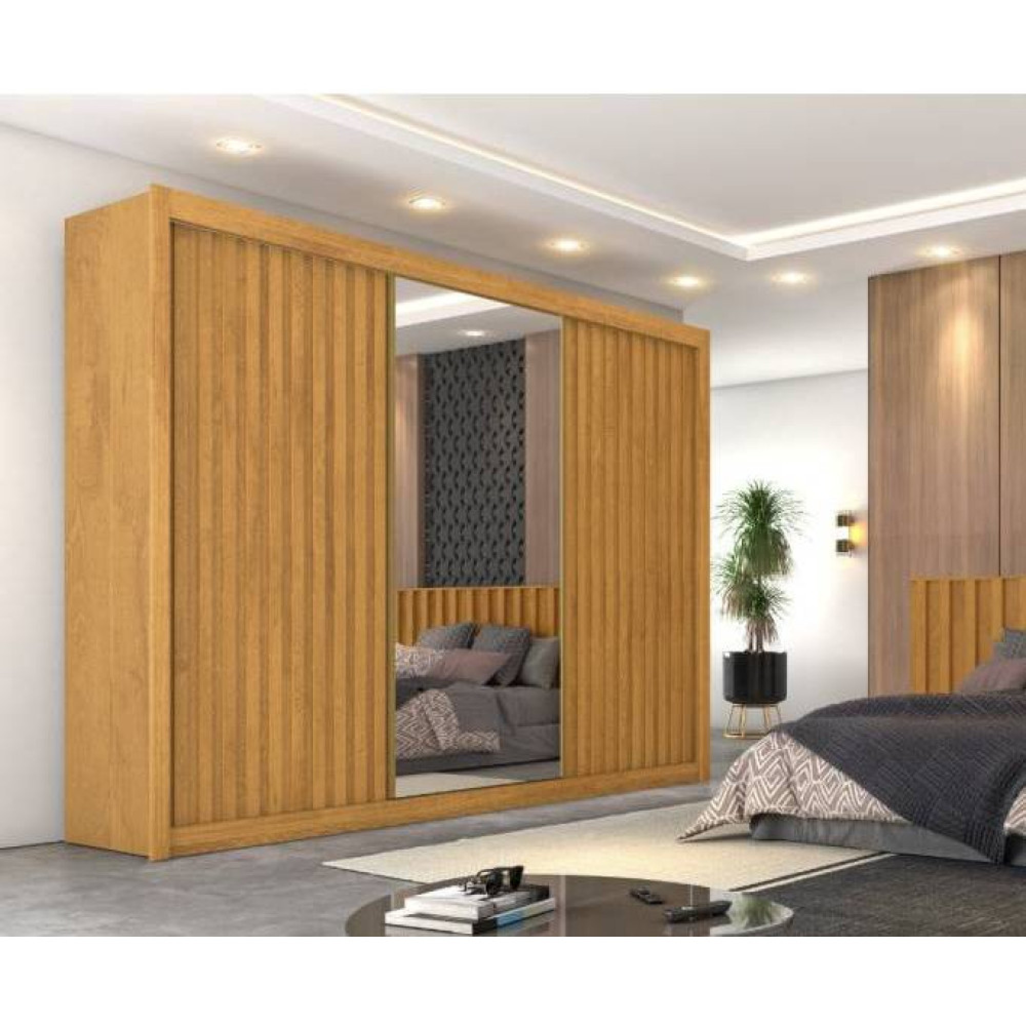 Guarda Roupa Casal Athenas com Espelho e 3 Portas de Correr Peroba