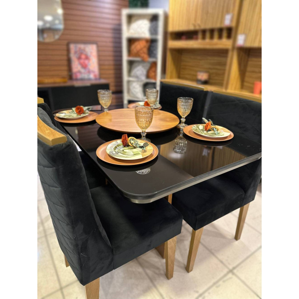 Mesa de Jantar Lívia 120x90 com Tampo Preto c/ Canto Copo Boleado e 4 Cadeiras Dafne Preto - Rufato