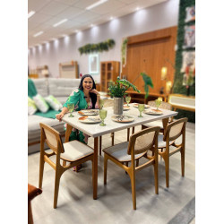 Mesa de Jantar Turquia 1.60cm Tampo vidro Off White com 6 cadeiras Turquia Premium tela madeira -  Linho Bege 