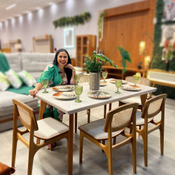 Mesa de Jantar Turquia 1.60cm Tampo vidro Off White com 6 cadeiras Turquia Premium tela madeira -  Linho Bege 