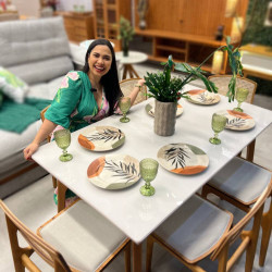 Mesa de Jantar Turquia 1.60cm Tampo vidro Off White com 6 cadeiras Turquia Premium tela madeira -  Linho Bege 