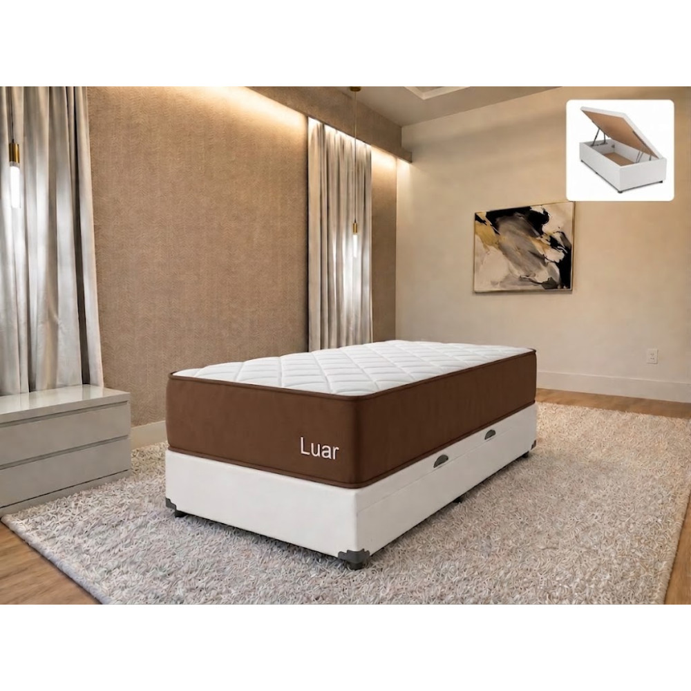 Colchão Lion Solteiro com Molas Ensacadas 22x188x88cm + Base Baú Courino Solteiro - Branco