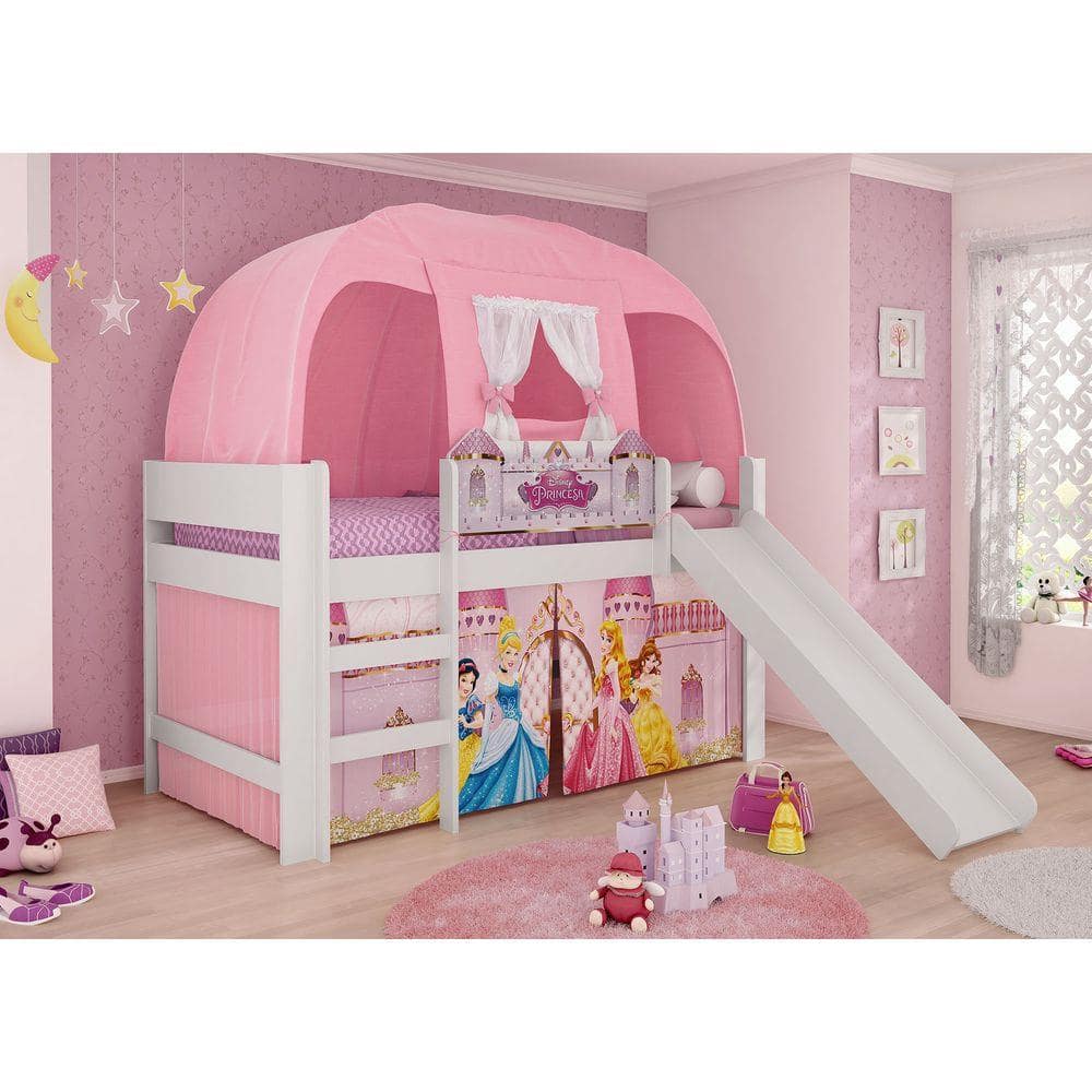 Cama Infantil Princesas Disney Play com Dossel e Escorregador  - Branco / Rosa