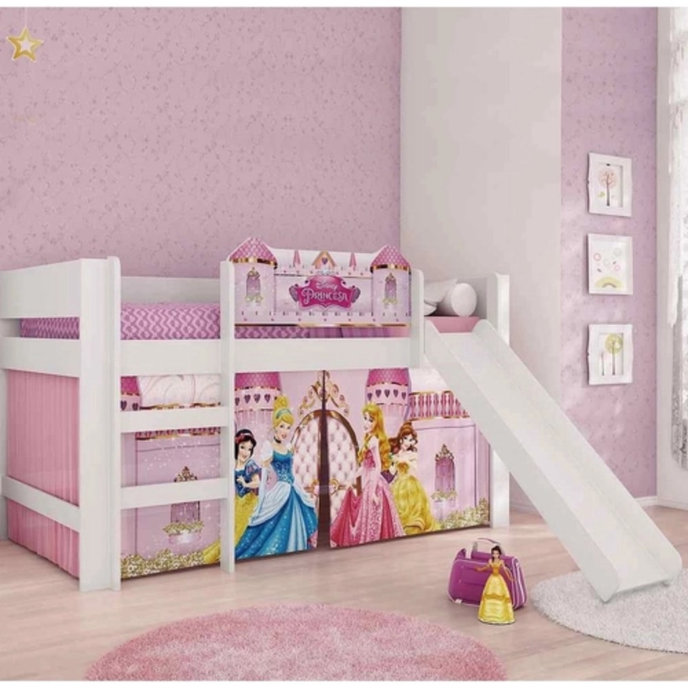 Cama Infantil Princesas Disney Play com Escorregador - Branco / Rosa