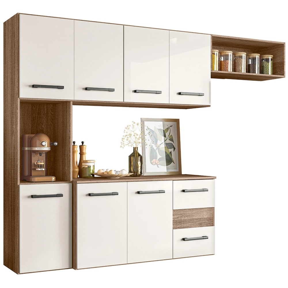 Cozinha Compacta Juliete com 7 Portas 2 Gavetas - Nicioli - Carvalho Rústico/Off White 