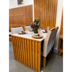 Mesa de Jantar + Painel Ripado Cancun 120x90 Com Vidro c/ 4 Cadeiras Lisboa Linho Prata - Cinamomo/Off White Mesa de Jantar + Painel Ripado Cancun 120x90 Com Vidro c/ 4 Cadeiras Lisboa Linho Prata - Cinamomo/Off White