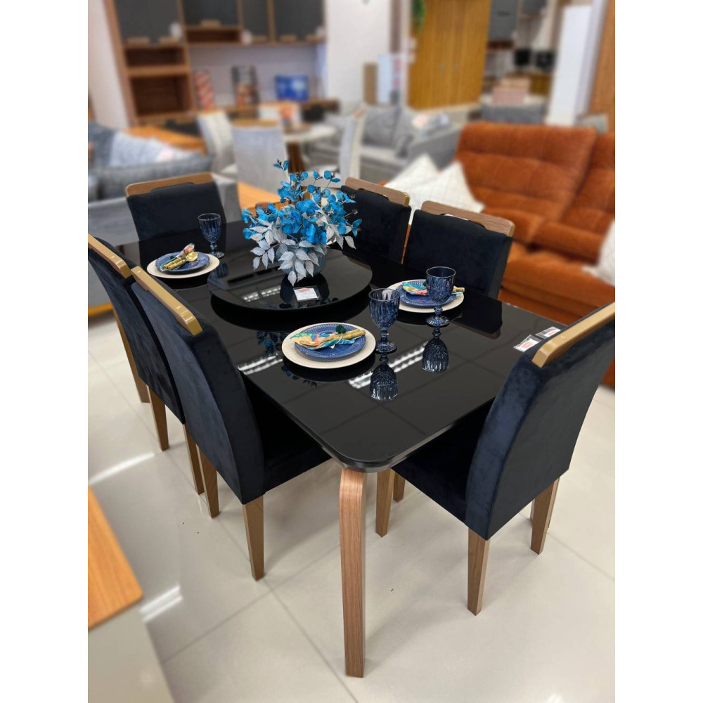 Mesa de Jantar Londrina 180cm Canto Copo c/ 6 Cadeiras Athenas Preto – Vidro Preto/ Imbuia